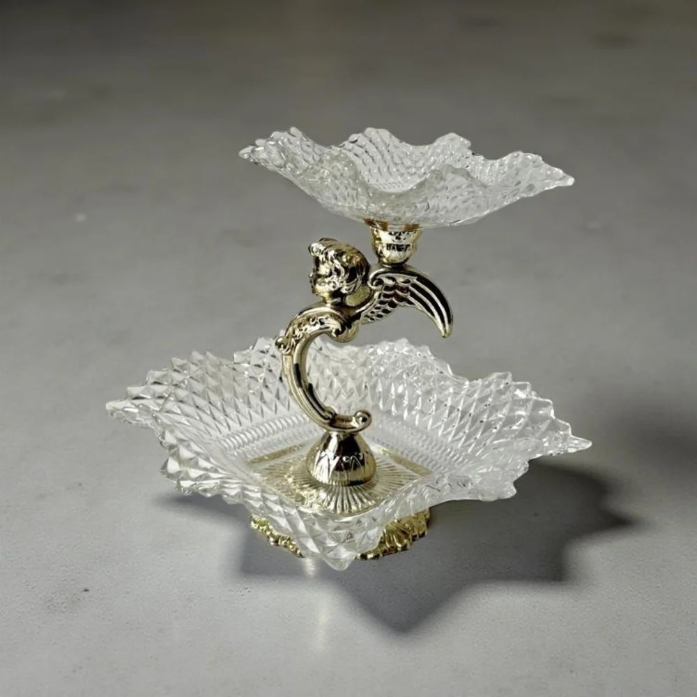 Federal Glass Square Ruffle Diamond Gold Angel 2 Tier Candy Dish Tray ..vintage